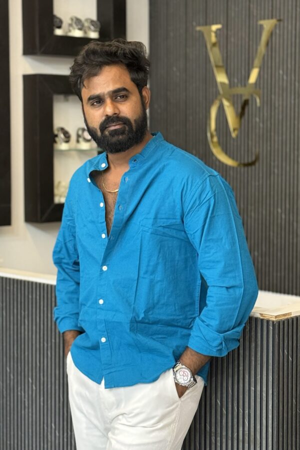 Mandarin collar turkish linen shirt - Cyan Blue