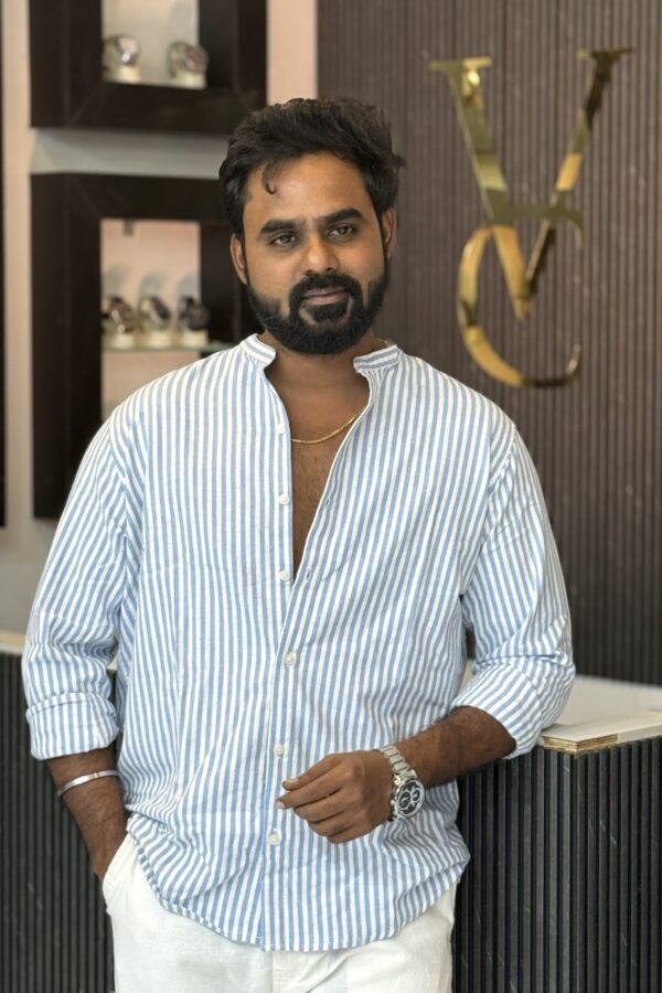 Mandarin collar stripes shirt - Skyblue & white