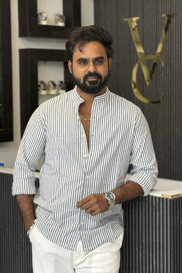 Mandarin collar stripes shirt - Blue & white