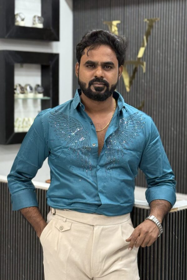 Designer wing stoned shirt - Peacock blue