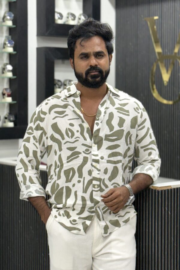 Imported printed shirt - Olive green & white