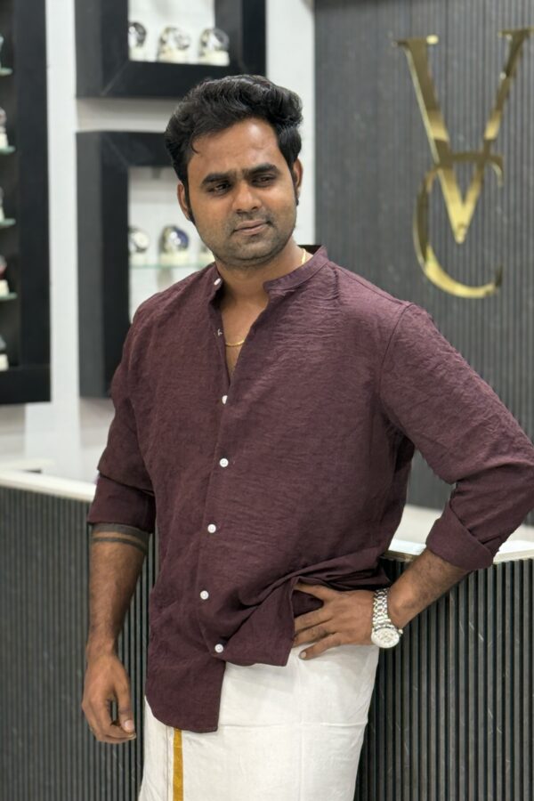 Textured mandarin collar shirt - Marron