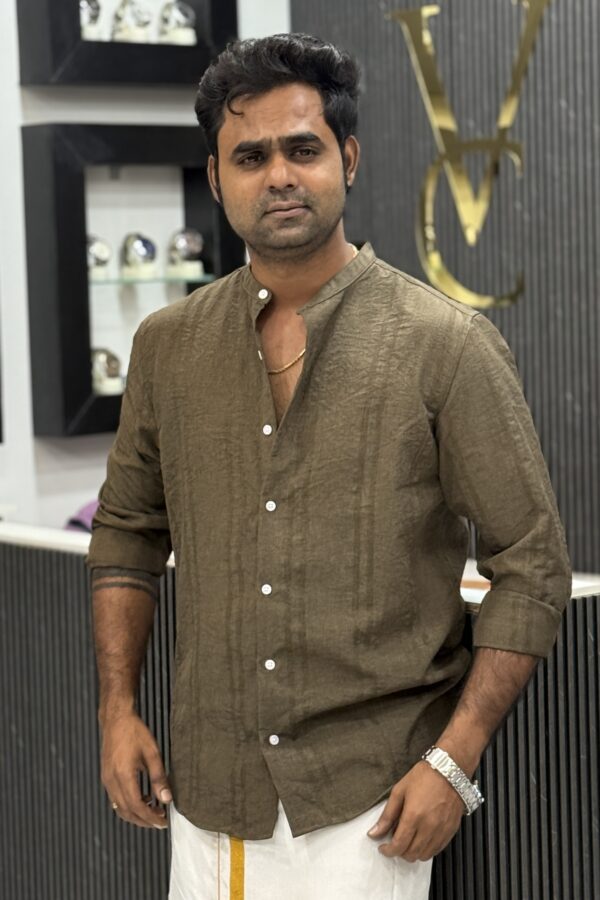 Textured mandarin collar shirt - Olive Brown