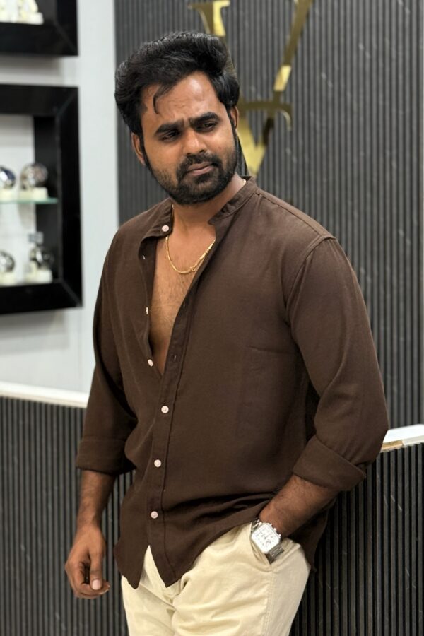 Venus linen mandarin collar shirt - Mocha brown