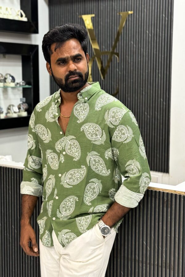 Viscose linen printed shirt - Green & White