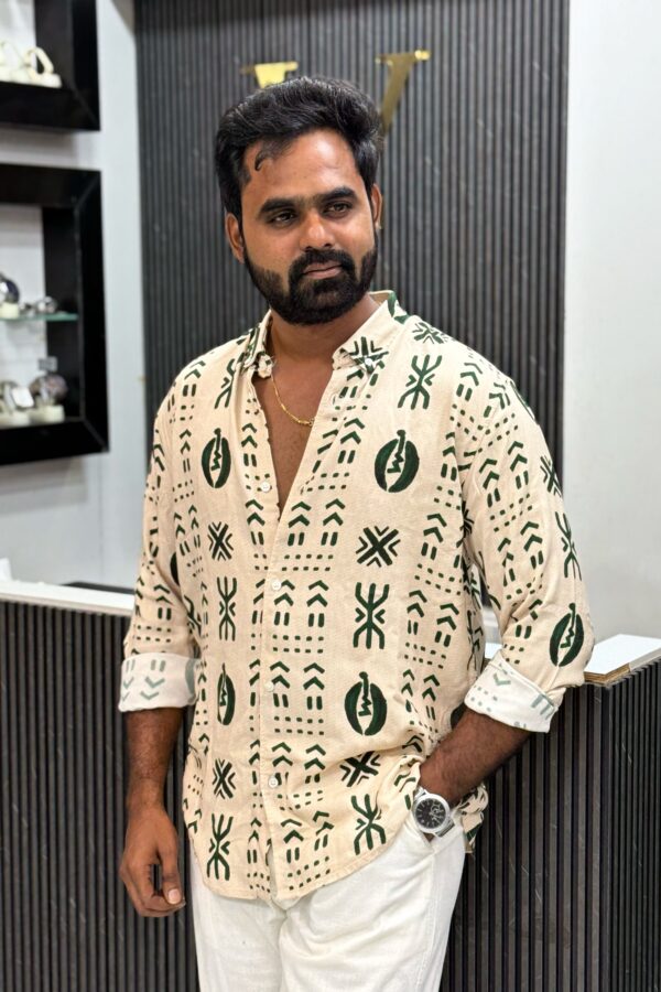 Viscose linen printed shirt - Beige & Green