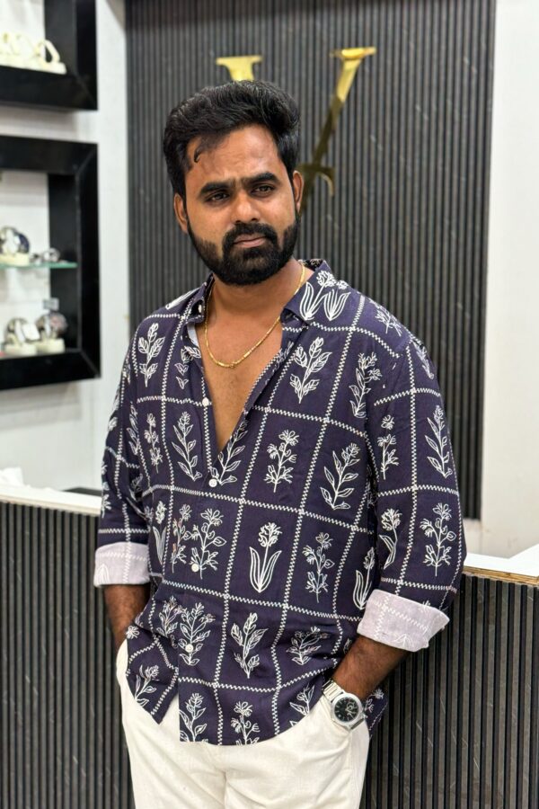 Viscose linen printed shirt - Purple & White